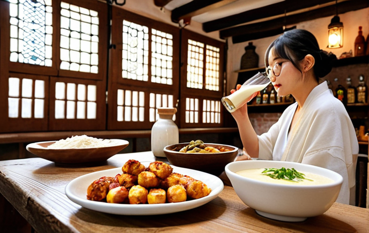 **
Prompt: Makgeolli tasting with tapas in a rustic Spanish bar. Focus on a bright, airy atmosphere with a mix of traditional Spanish decor and subtle Korean elements. Display various tapas alongside glasses of Makgeolli.
**