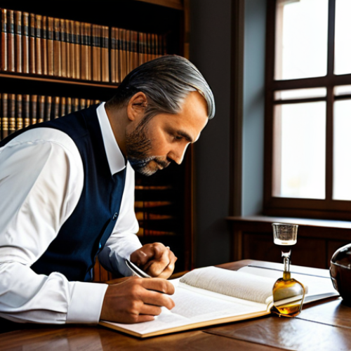 Home 6 A dedicated, professional male entrepreneur in a modest long-sleeved shirt and trousers, sitting at a polished wooden desk, meticulously examining official-looking documents related to "Denominación de Origen" alongside an elegant, traditional bottle of spirits. His expression is thoughtful and focused. The background is a sophisticated, warmly lit office, featuring a bookshelf with legal texts and subtle decor that reflects a spirit's origin region, such as a regional map or a traditional craft. The scene emphasizes professionalism, respect for tradition, and legal compliance. perfect anatomy, correct proportions, natural pose, well-formed hands, proper finger count, natural body proportions, professional photography, high quality, fully clothed, modest clothing, appropriate attire, professional dress, safe for work, appropriate content, professional.