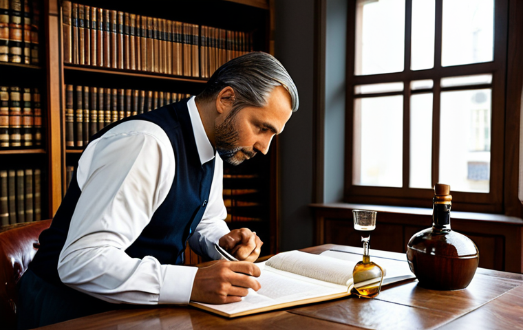 A dedicated, professional male entrepreneur in a modest long-sleeved shirt and trousers, sitting at a polished wooden desk, meticulously examining official-looking documents related to "Denominación de Origen" alongside an elegant, traditional bottle of spirits. His expression is thoughtful and focused. The background is a sophisticated, warmly lit office, featuring a bookshelf with legal texts and subtle decor that reflects a spirit's origin region, such as a regional map or a traditional craft. The scene emphasizes professionalism, respect for tradition, and legal compliance. perfect anatomy, correct proportions, natural pose, well-formed hands, proper finger count, natural body proportions, professional photography, high quality, fully clothed, modest clothing, appropriate attire, professional dress, safe for work, appropriate content, professional.