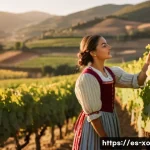 Home 20 전통주 브랜드의 상표 등록 현황 - **Prompt:** A sun-drenched vineyard in La Rioja, Spain, at sunset. A young woman with rosy cheeks an...