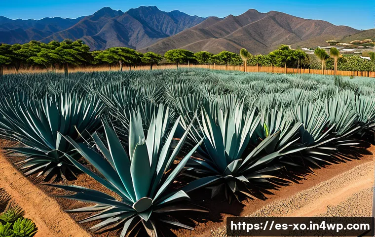 전통주 브랜드의 친환경 경영 - Aerial wide-angle documentary shot of a regeneratively managed agave landscape in the Oaxaca highlan...
