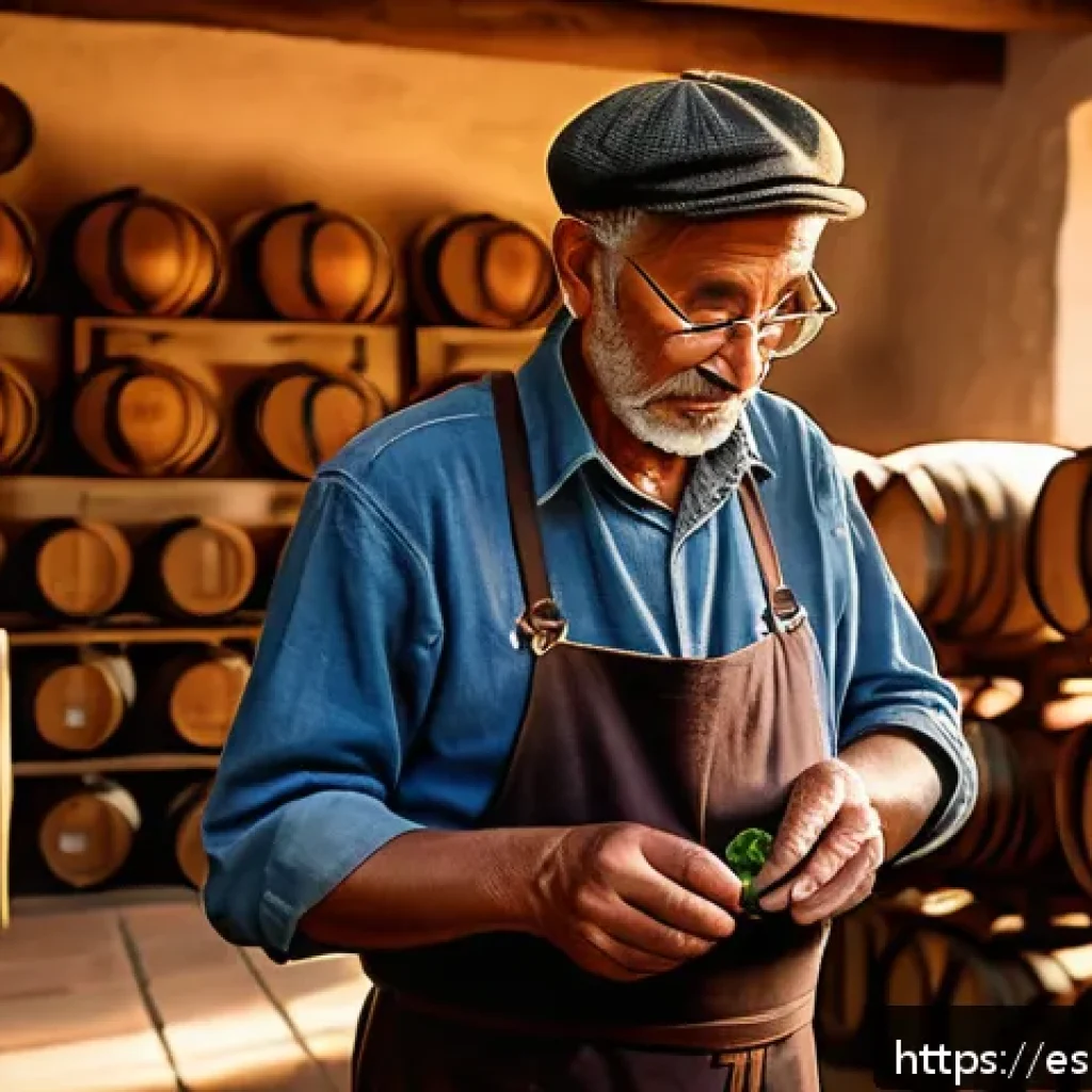 전통주 브랜드의 역사적 배경 - A rustic artisanal distillery scene set in a traditional Spanish countryside, featuring wooden barre...