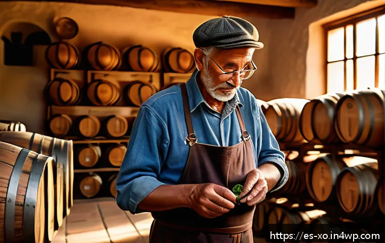 전통주 브랜드의 역사적 배경 - A rustic artisanal distillery scene set in a traditional Spanish countryside, featuring wooden barre...