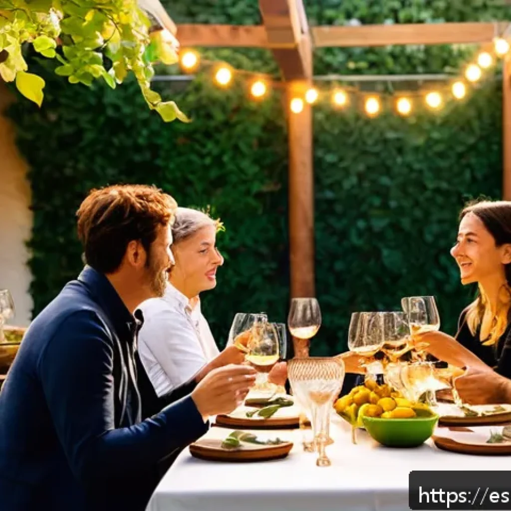 전통주 브랜드의 홍보 활동 - A vibrant guided tasting event set in a cozy Spanish vineyard courtyard during golden hour, featurin...