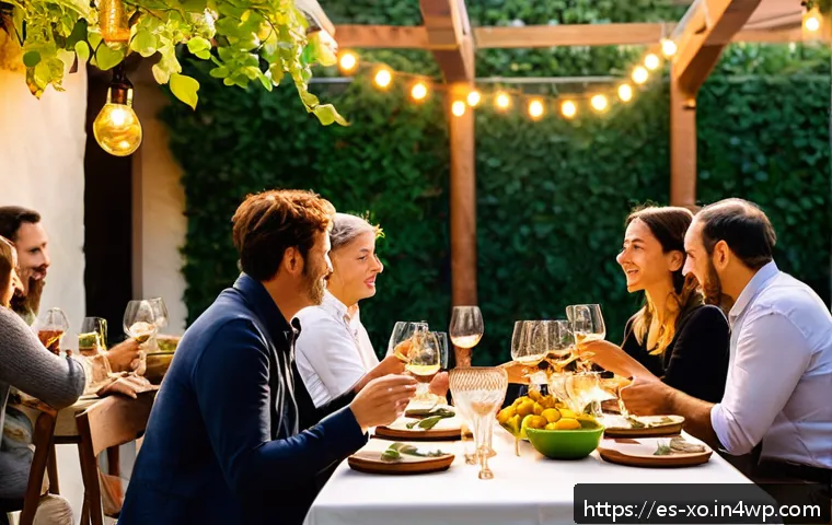 전통주 브랜드의 홍보 활동 - A vibrant guided tasting event set in a cozy Spanish vineyard courtyard during golden hour, featurin...