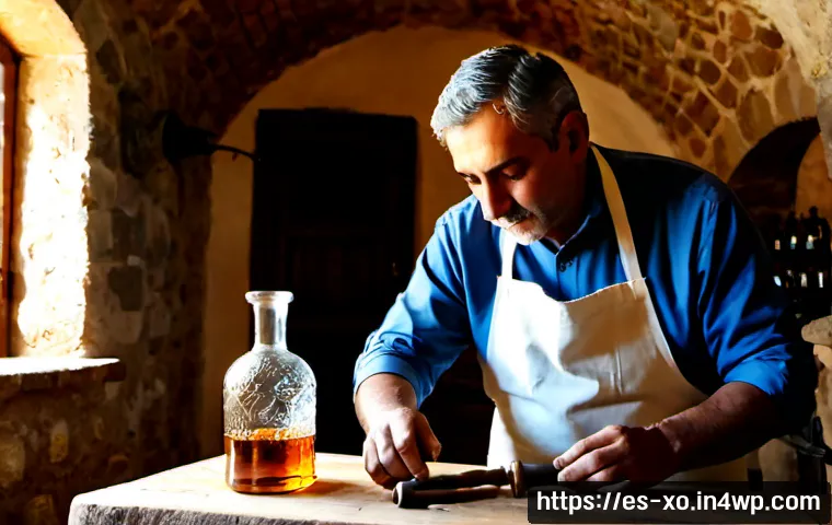 Home 17 전통주 브랜드의 진정성과 신뢰성 - Photorealistic Spanish artisanal traditional spirits workshop, a middle-aged distiller in clean line...