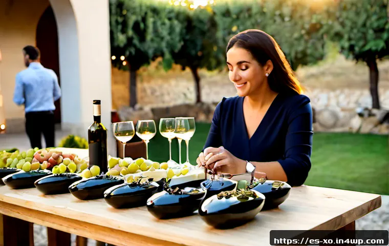 전통주 브랜드의 행사 기획 사례 - Photorealistic event planning scene for a Spanish artisanal wine brand launch, elegant vineyard cour...