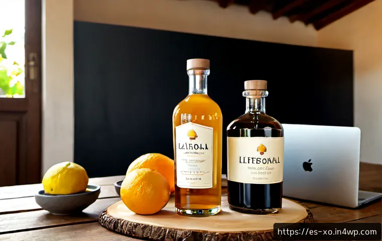 전통주 브랜드의 온라인 판매 전략 - Photorealistic Spanish artisanal beverage e-commerce scene, elegant unbranded glass bottles of tradi...