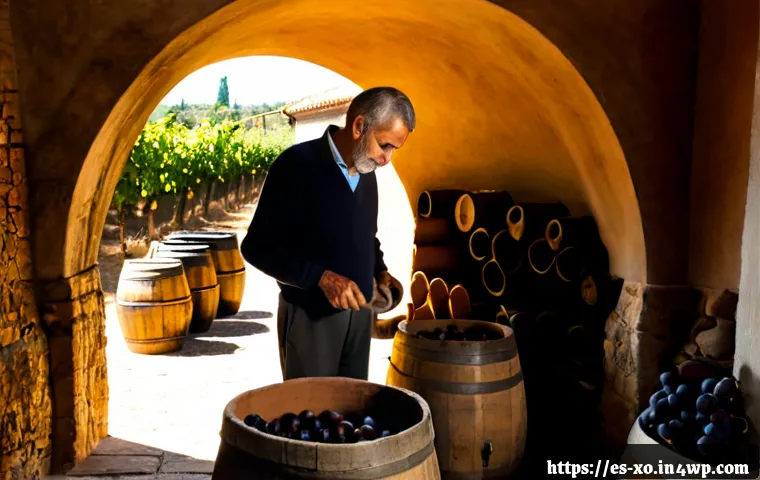 Home 17 전통주 브랜드의 역사와 문화 - Photorealistic heritage Spanish winery cellar, an elderly master distiller and young apprentice exam...