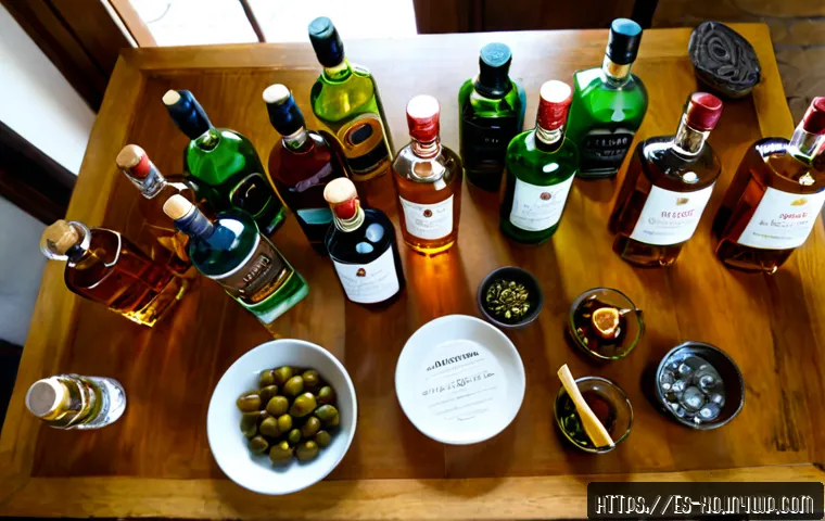 전통주 브랜드의 고객 세분화 전략 - Photorealistic overhead view of a Spanish artisanal spirits brand strategy meeting, diverse adult cu...