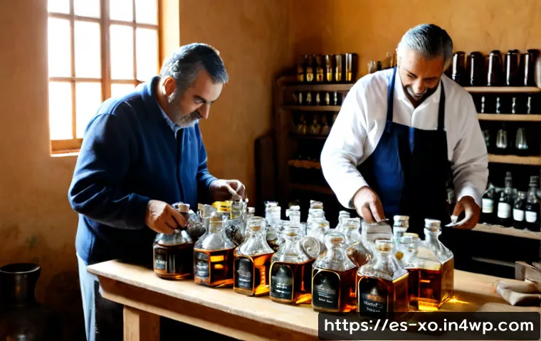 Home 17 전통주 브랜드와 품질 보증 시스템 - Photorealistic artisan Spanish traditional spirits quality inspection in a sunlit distillery, an old...