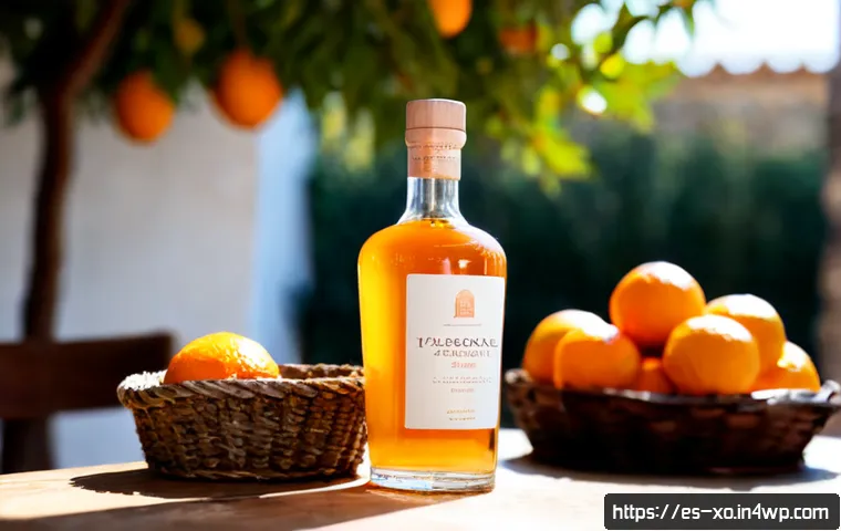 전통주 브랜드의 지역 특산품 활용 사례 - Photorealistic artisanal Spanish distillery in Valencia, a clear glass bottle of traditional orange ...